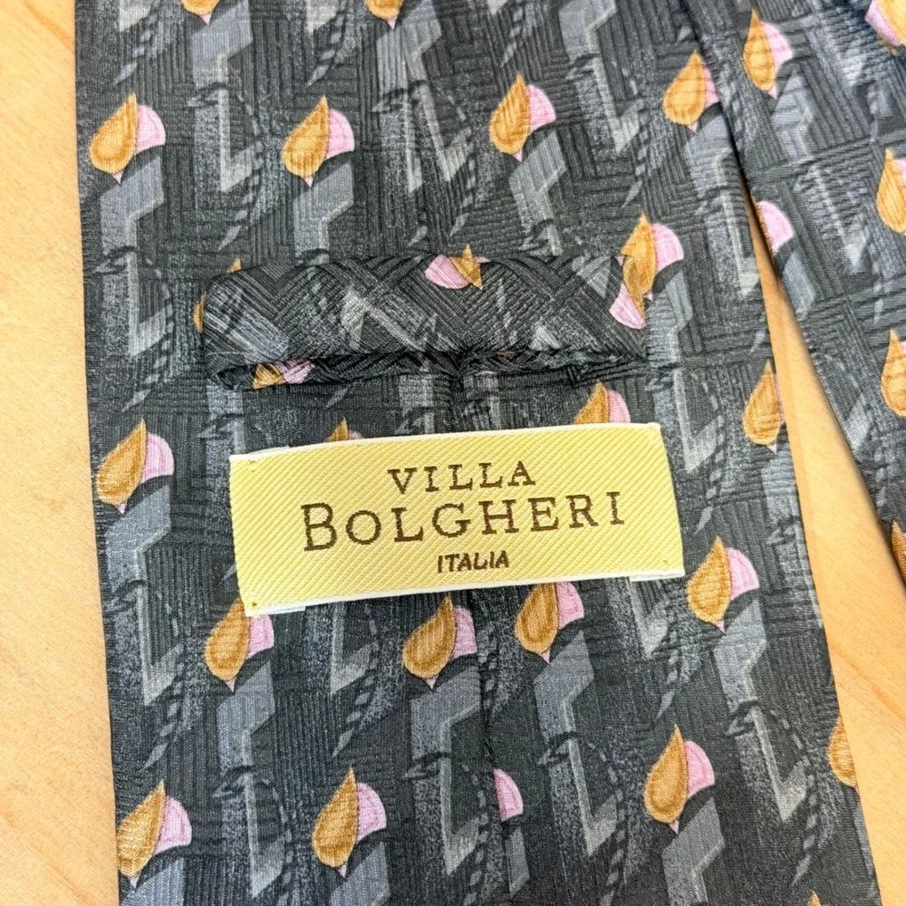 Villa Bolgheri Italia Mens Silk Necktie‎ Grey Pink Gold Geometric Made in Italy